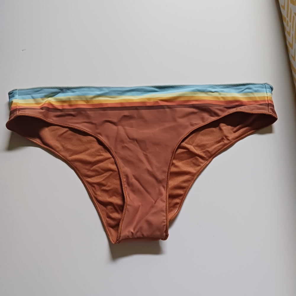 4X$30 Rip Curl Women Brown and Blue Striped Bikini Bottom SZ S NWOT